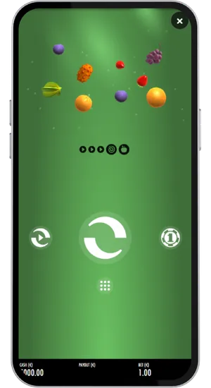Fruit Warp base game on mobile showing nine mixed fruit symbols floating on a green background at a £1 bet