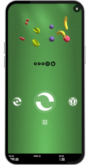 Fruit Warp mobile gameplay screen with cherries, starfruit, bananas and dragon fruit symbols visible during a spin