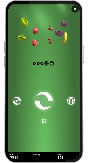 Fruit Warp screen showing multiple simultaneous fruit clusters including dragon fruit, cherries and grapes on a single spin