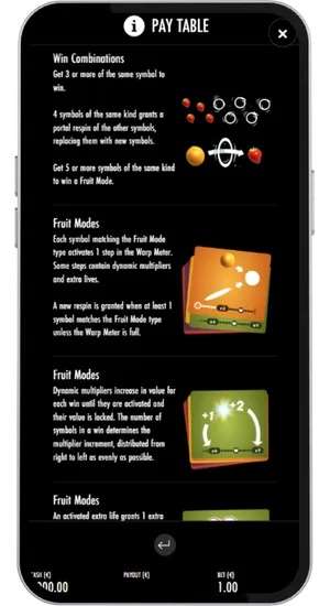 Fruit Warp pay table screen showing win combination rules, Fruit Mode mechanics and dynamic multiplier explanations